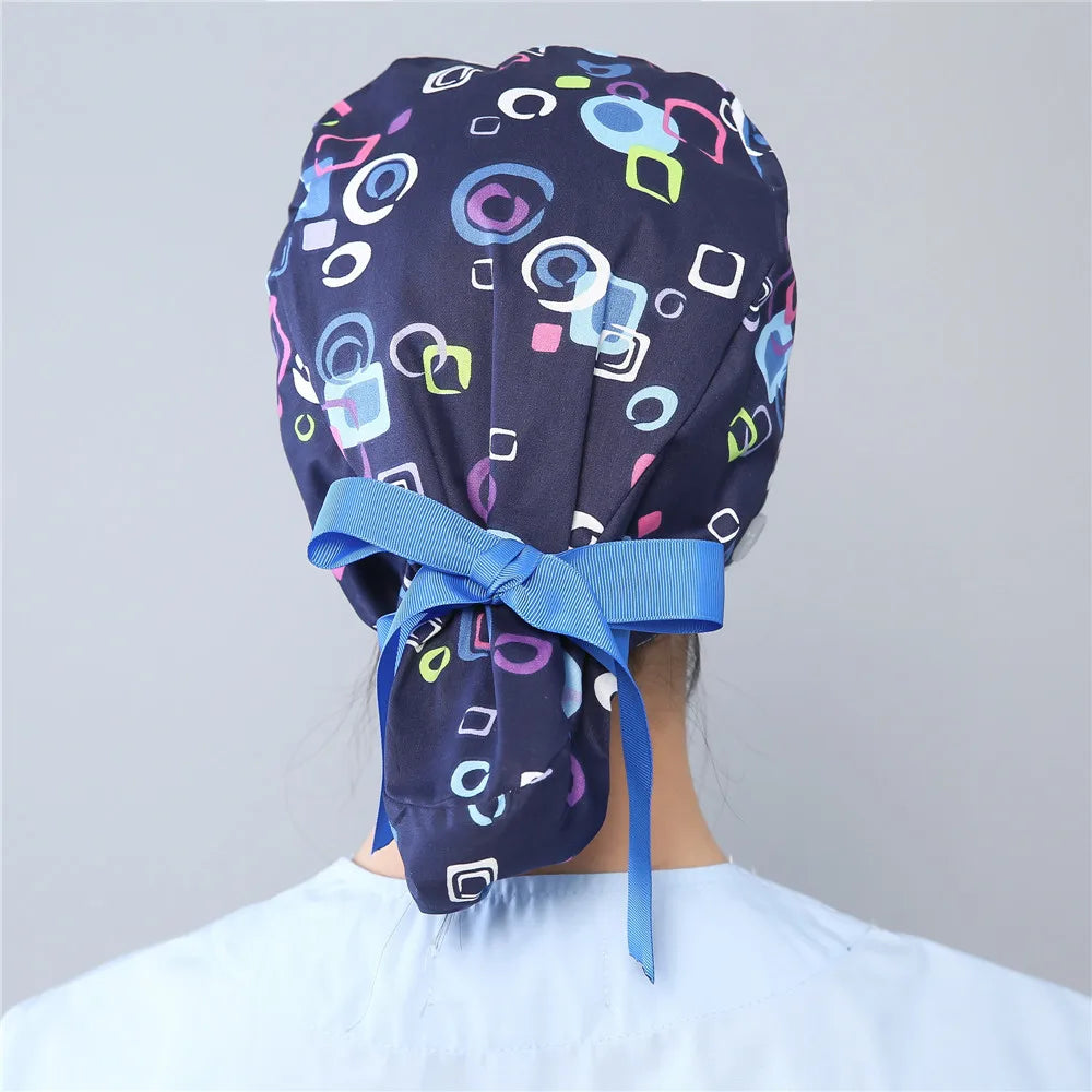 Women Scrub Hats Buttons Bandage Adjustable Working Caps Printed Cotton Head Cover Reuseable Hats Beauty Salon Pet Shop Work Cap