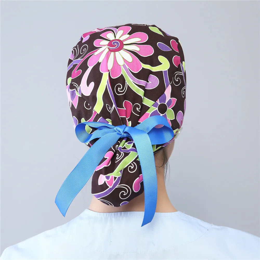Women Scrub Hats Buttons Bandage Adjustable Working Caps Printed Cotton Head Cover Reuseable Hats Beauty Salon Pet Shop Work Cap