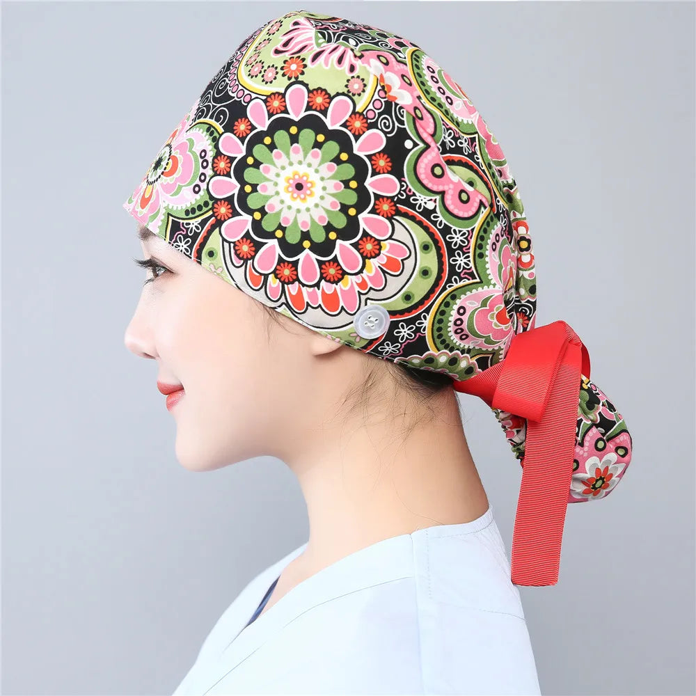Women Scrub Hats Buttons Bandage Adjustable Working Caps Printed Cotton Head Cover Reuseable Hats Beauty Salon Pet Shop Work Cap