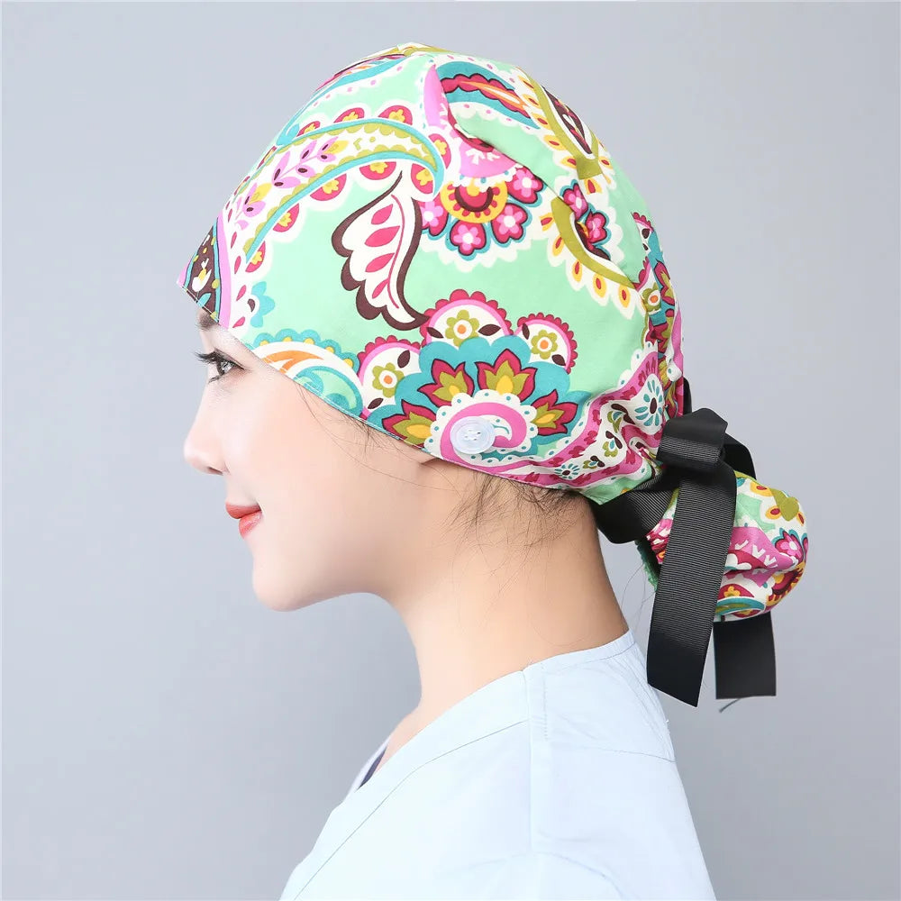 Women Scrub Hats Buttons Bandage Adjustable Working Caps Printed Cotton Head Cover Reuseable Hats Beauty Salon Pet Shop Work Cap