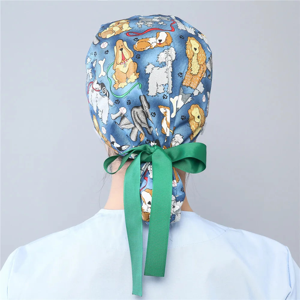 Women Scrub Hats Buttons Bandage Adjustable Working Caps Printed Cotton Head Cover Reuseable Hats Beauty Salon Pet Shop Work Cap