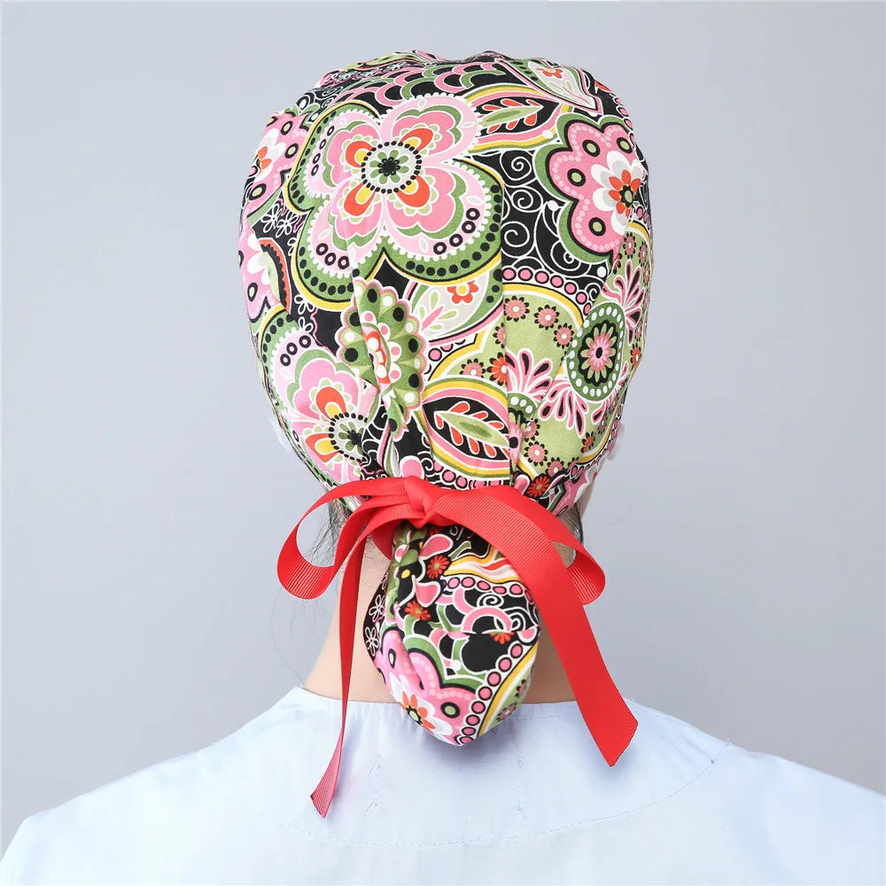 Women Scrub Hats Buttons Bandage Adjustable Working Caps Printed Cotton Head Cover Reuseable Hats Beauty Salon Pet Shop Work Cap