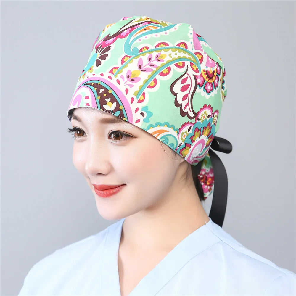 Women Scrub Hats Buttons Bandage Adjustable Working Caps Printed Cotton Head Cover Reuseable Hats Beauty Salon Pet Shop Work Cap