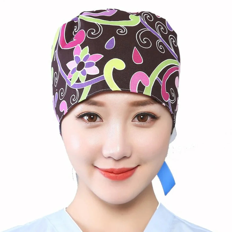 Women Scrub Hats Buttons Bandage Adjustable Working Caps Printed Cotton Head Cover Reuseable Hats Beauty Salon Pet Shop Work Cap