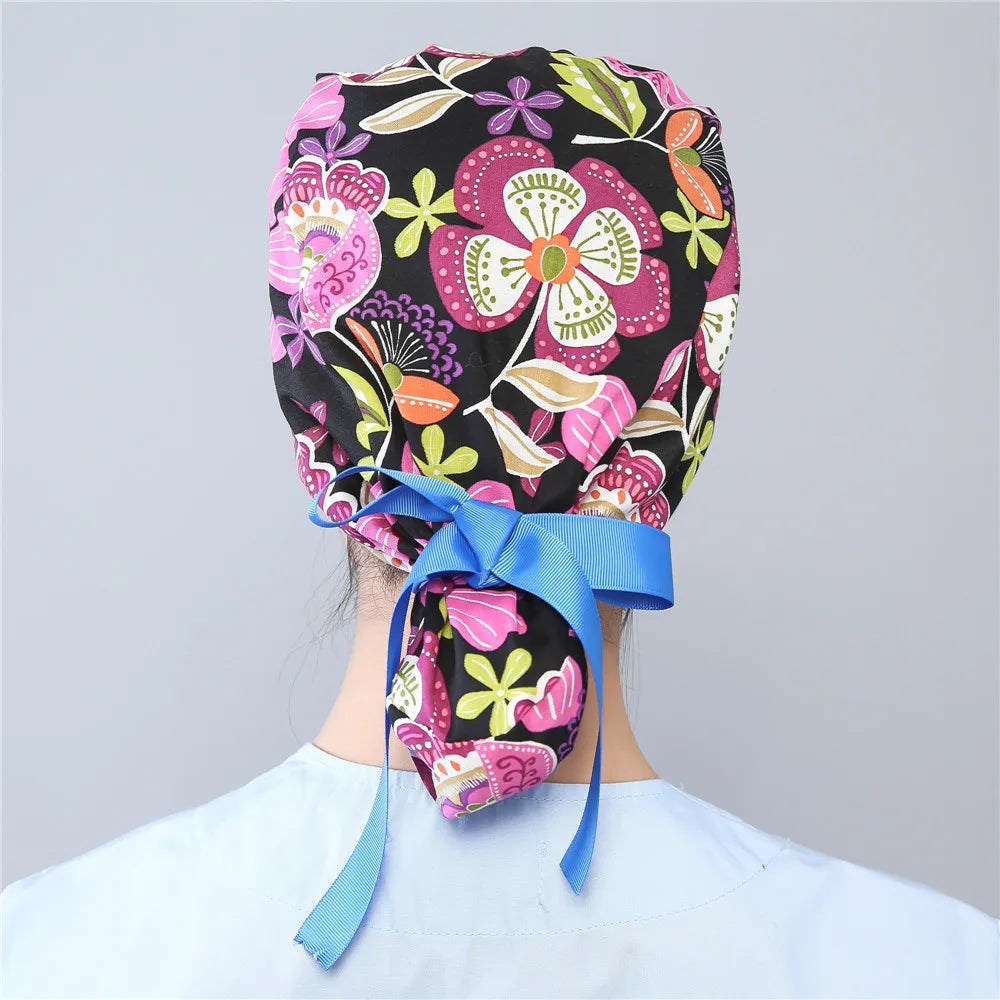 Women Scrub Hats Buttons Bandage Adjustable Working Caps Printed Cotton Head Cover Reuseable Hats Beauty Salon Pet Shop Work Cap