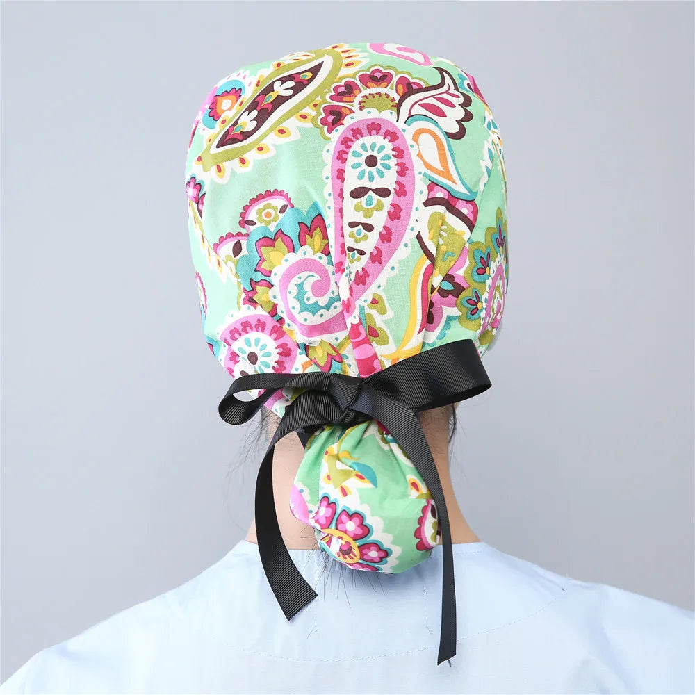 Women Scrub Hats Buttons Bandage Adjustable Working Caps Printed Cotton Head Cover Reuseable Hats Beauty Salon Pet Shop Work Cap
