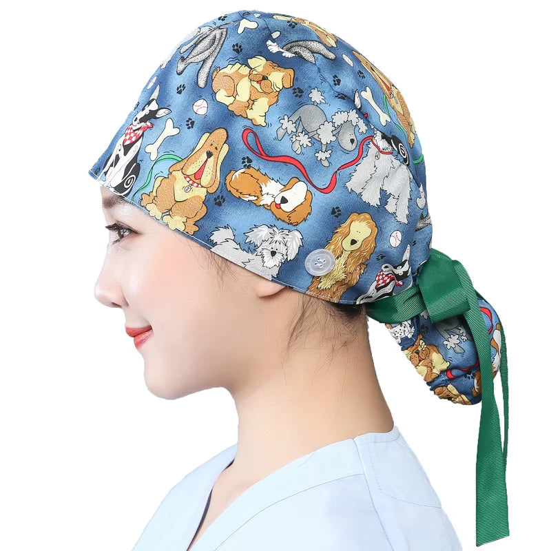 Women Scrub Hats Buttons Bandage Adjustable Working Caps Printed Cotton Head Cover Reuseable Hats Beauty Salon Pet Shop Work Cap