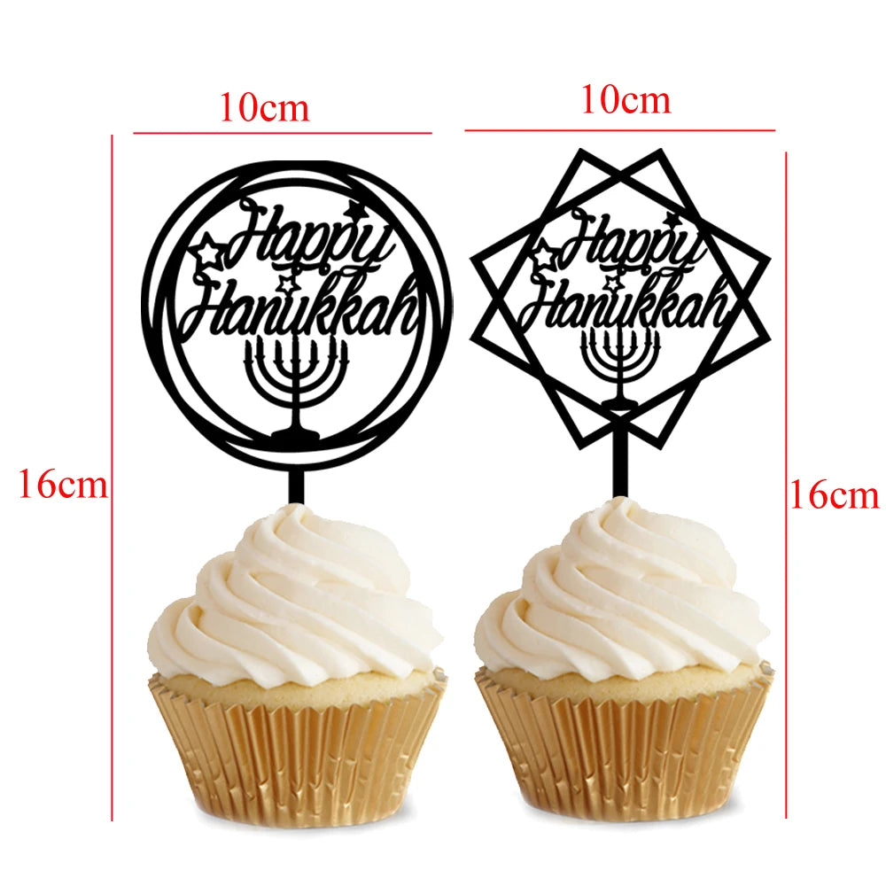 2 Pieces 10*16cm Personalized Party Cake Topper Happy Hanukkah Acrylic Cake Topper For Hanukkah Party Cup Cake Decoration Topper
