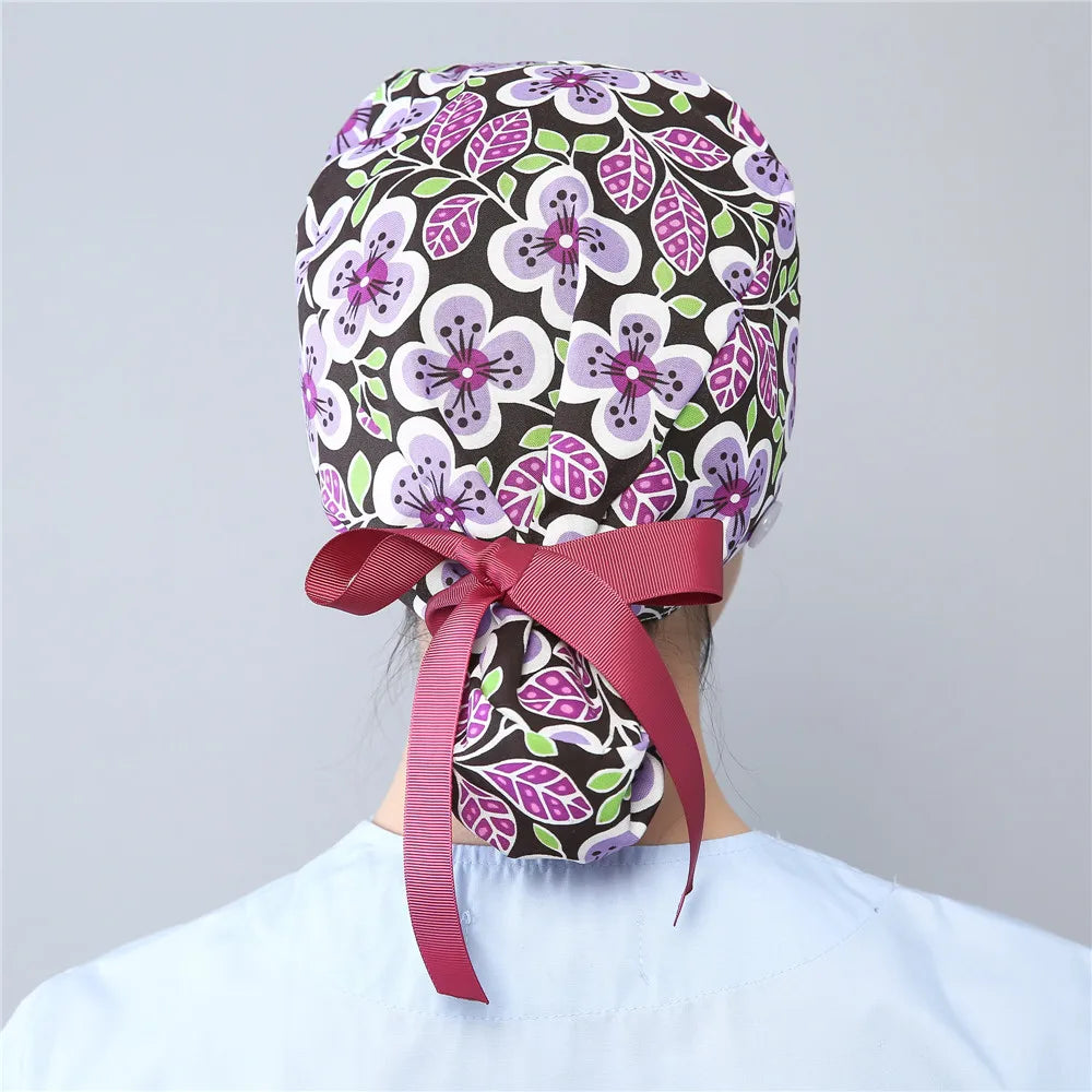 Women Scrub Hats Buttons Bandage Adjustable Working Caps Printed Cotton Head Cover Reuseable Hats Beauty Salon Pet Shop Work Cap