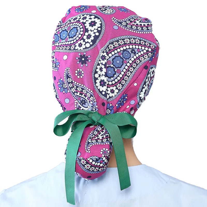 Women Scrub Hats Buttons Bandage Adjustable Working Caps Printed Cotton Head Cover Reuseable Hats Beauty Salon Pet Shop Work Cap