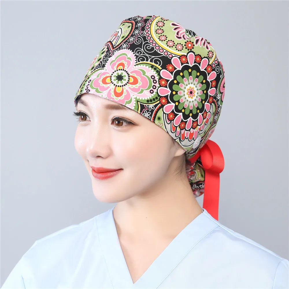 Women Scrub Hats Buttons Bandage Adjustable Working Caps Printed Cotton Head Cover Reuseable Hats Beauty Salon Pet Shop Work Cap