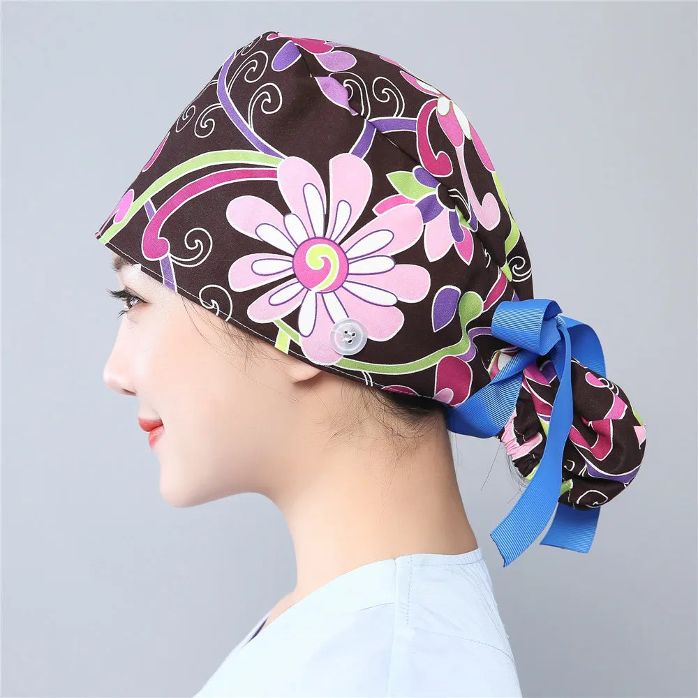 Women Scrub Hats Buttons Bandage Adjustable Working Caps Printed Cotton Head Cover Reuseable Hats Beauty Salon Pet Shop Work Cap