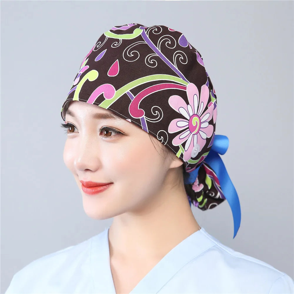 Women Scrub Hats Buttons Bandage Adjustable Working Caps Printed Cotton Head Cover Reuseable Hats Beauty Salon Pet Shop Work Cap