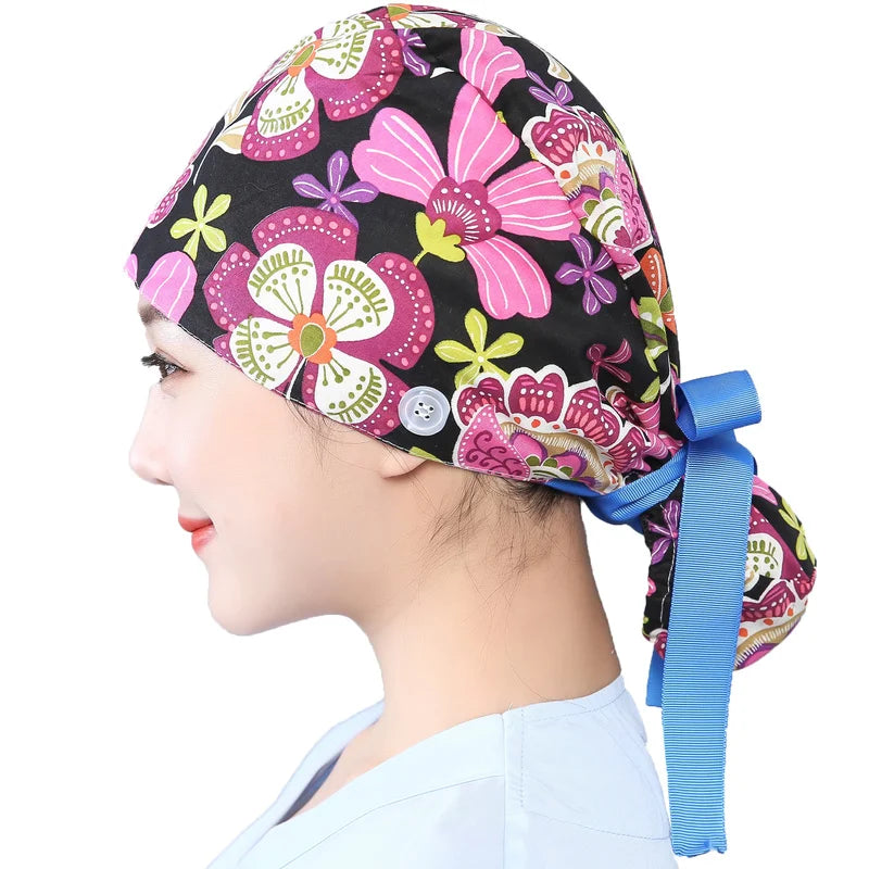 Women Scrub Hats Buttons Bandage Adjustable Working Caps Printed Cotton Head Cover Reuseable Hats Beauty Salon Pet Shop Work Cap