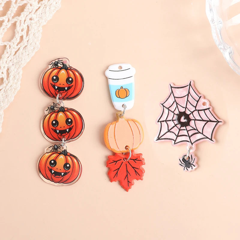4Pcs Halloween Charms Acrylic Coffee Pumpkin Cobweb Pendant For Necklace DIY Making Accessories