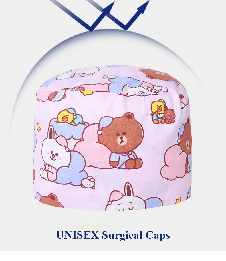 Bear Unisex Scrub Caps Print Nurse Surgical Hats Sweat-absorbent Cotton Pet Doctor Lab Print Scrub Hat Wholesale M878
