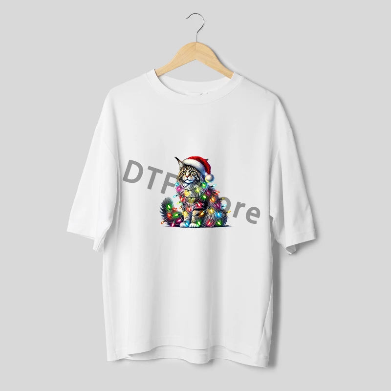 Christmas Camouflage Lamp Cat Iron on Stickers Animal Design DTF Heat Transfer Print Ready To Press For Clothing Patch