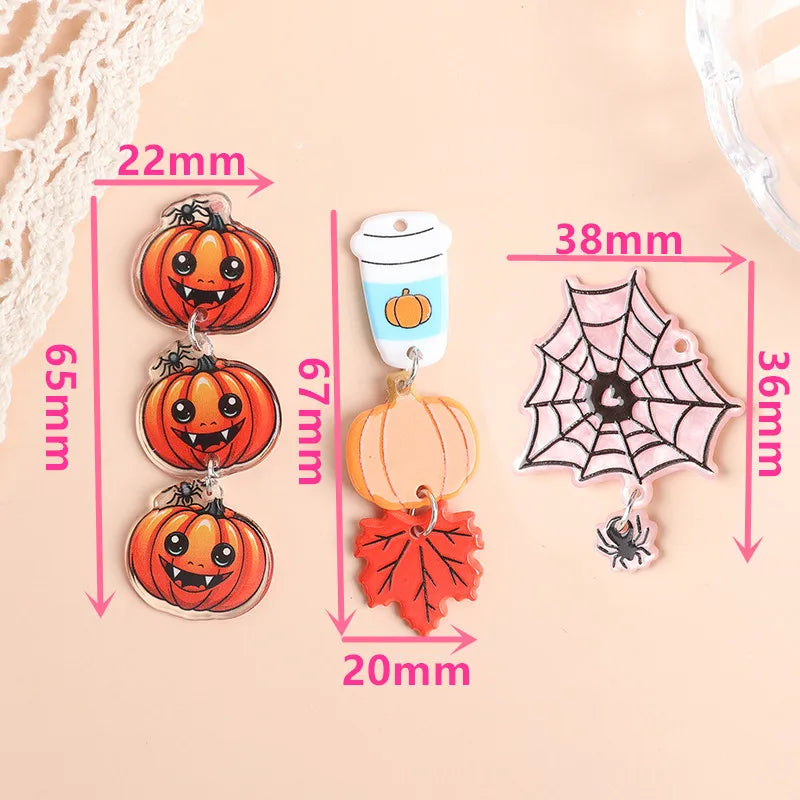 4Pcs Halloween Charms Acrylic Coffee Pumpkin Cobweb Pendant For Necklace DIY Making Accessories