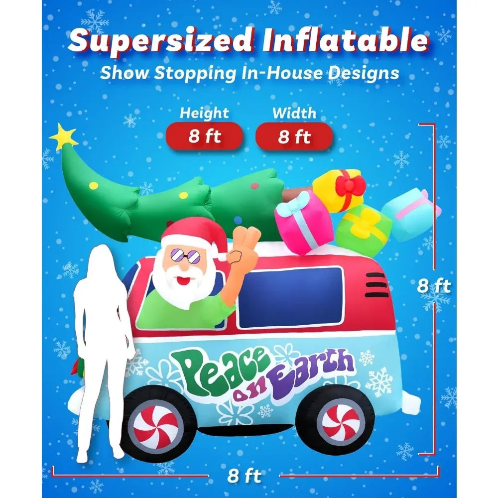 Christmas Inflatables Large 8ft Tall Santa Hippie Van - Inflatable Outdoor Christmas Decorations Blow Up X-mas Decora