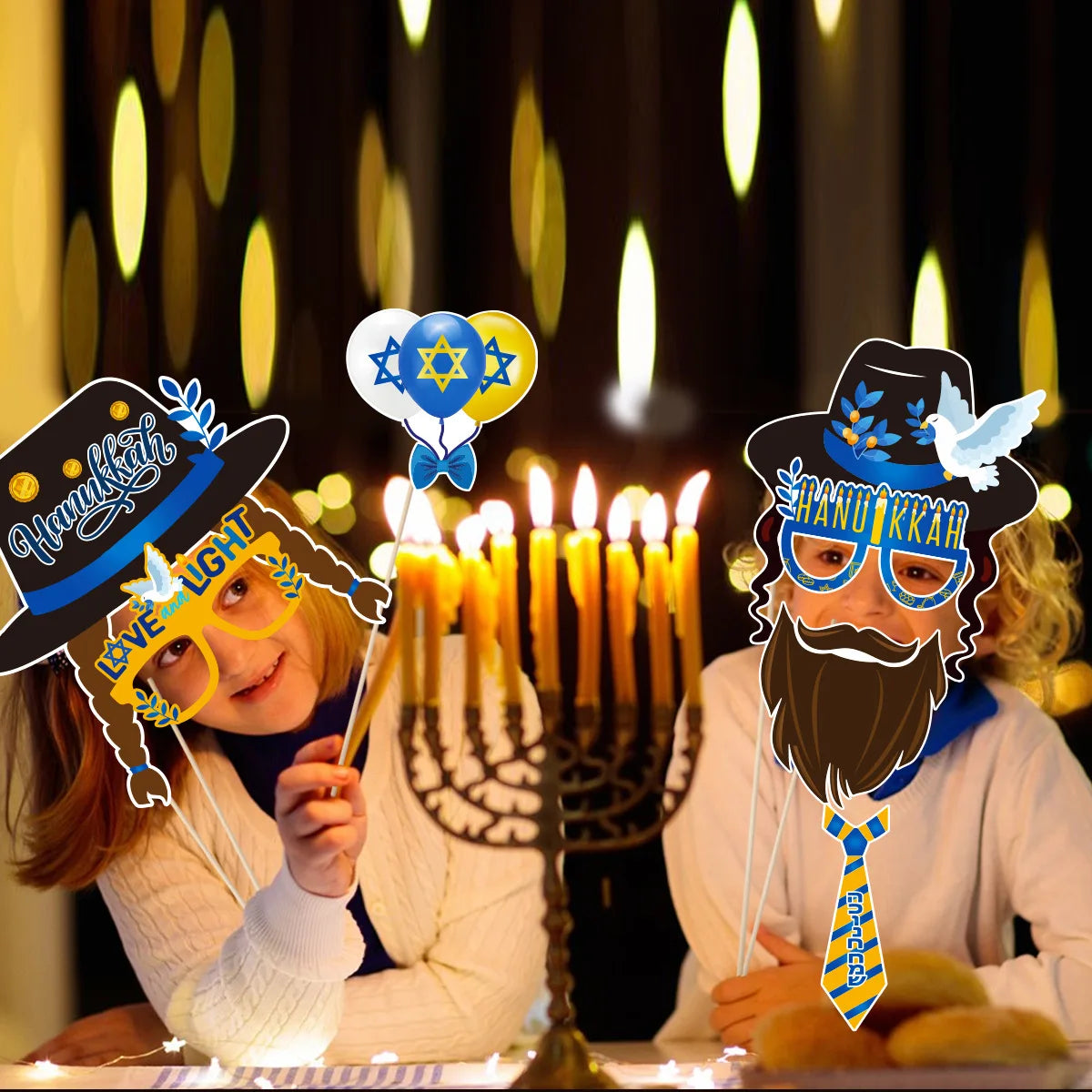 30pcs Hanukkah Photo Booth Props with Star of David Menorah Pattern Chanukah Decorations for Jewish Festival Home Decor Supplies