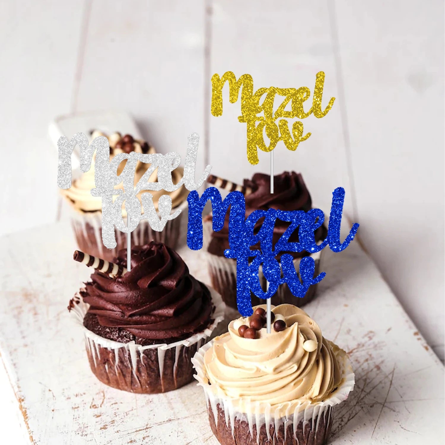 18PCS Glitter Mazel Tov Cake Topper Decorations for Jewish Holiday Hanukkah Party Bar Mitzvah Wedding Party Decorations Supplies