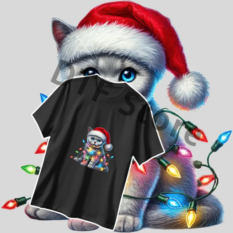 Christmas Camouflage Lamp Cat Iron on Stickers Animal Design DTF Heat Transfer Print Ready To Press For Clothing Patch