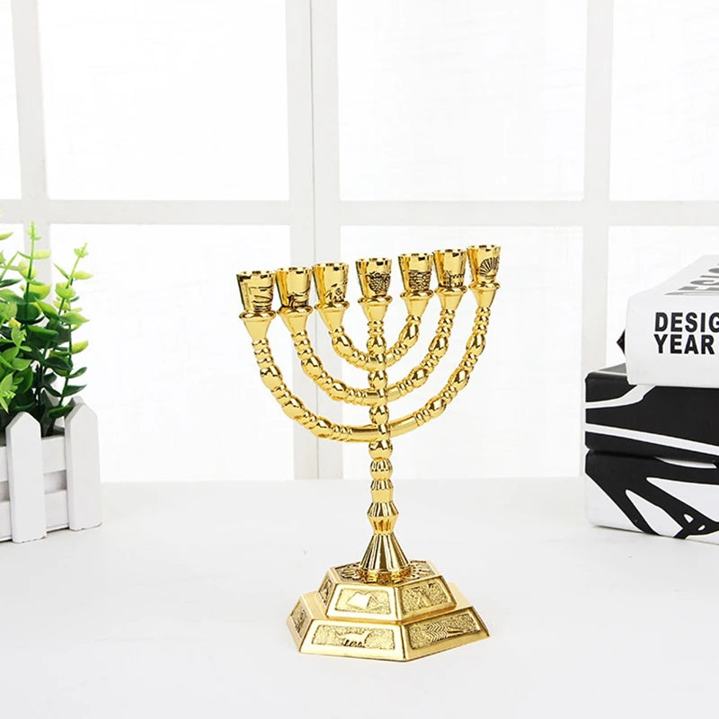 Golden Jewish Menorah Candle-Holders Religions Candelabra Hanukkah Candlesticks 7 Branch Menorah -L