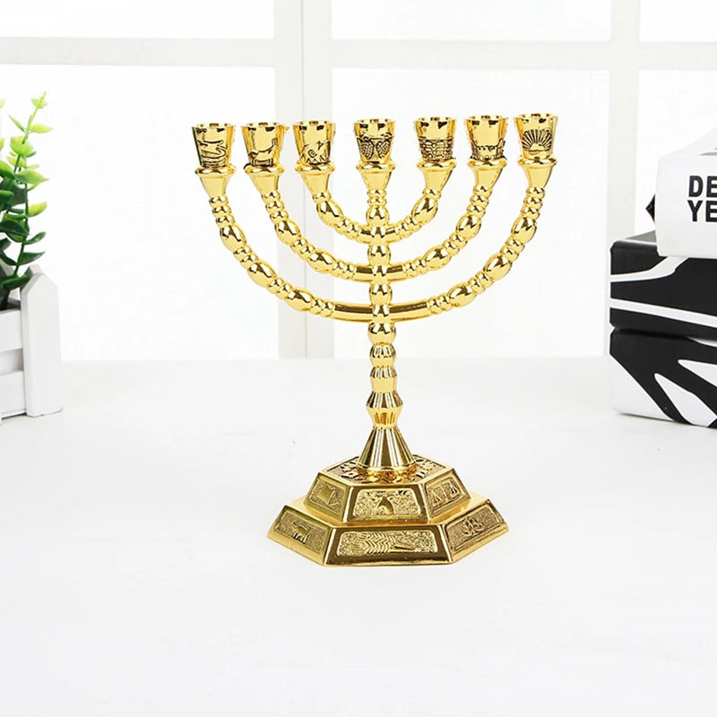 Golden Jewish Menorah Candle-Holders Religions Candelabra Hanukkah Candlesticks 7 Branch Menorah -L