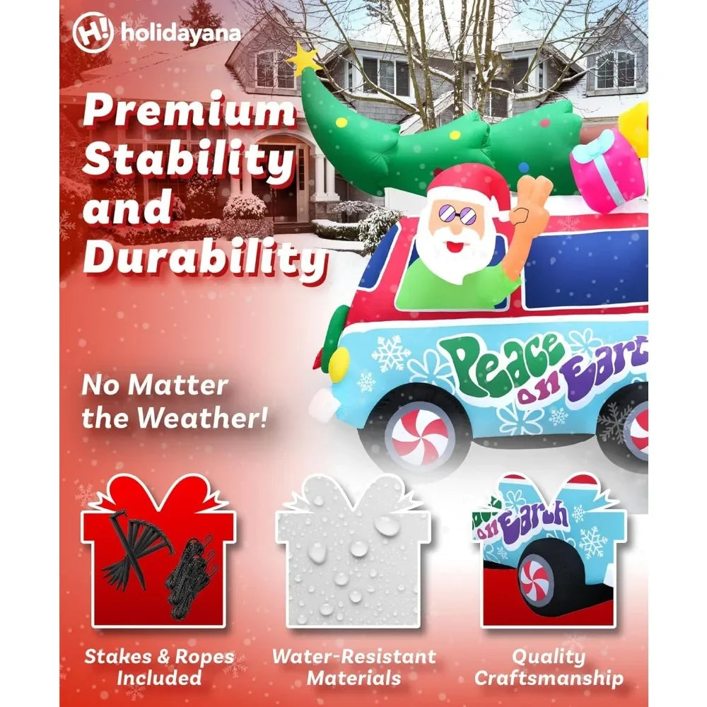 Christmas Inflatables Large 8ft Tall Santa Hippie Van - Inflatable Outdoor Christmas Decorations Blow Up X-mas Decora