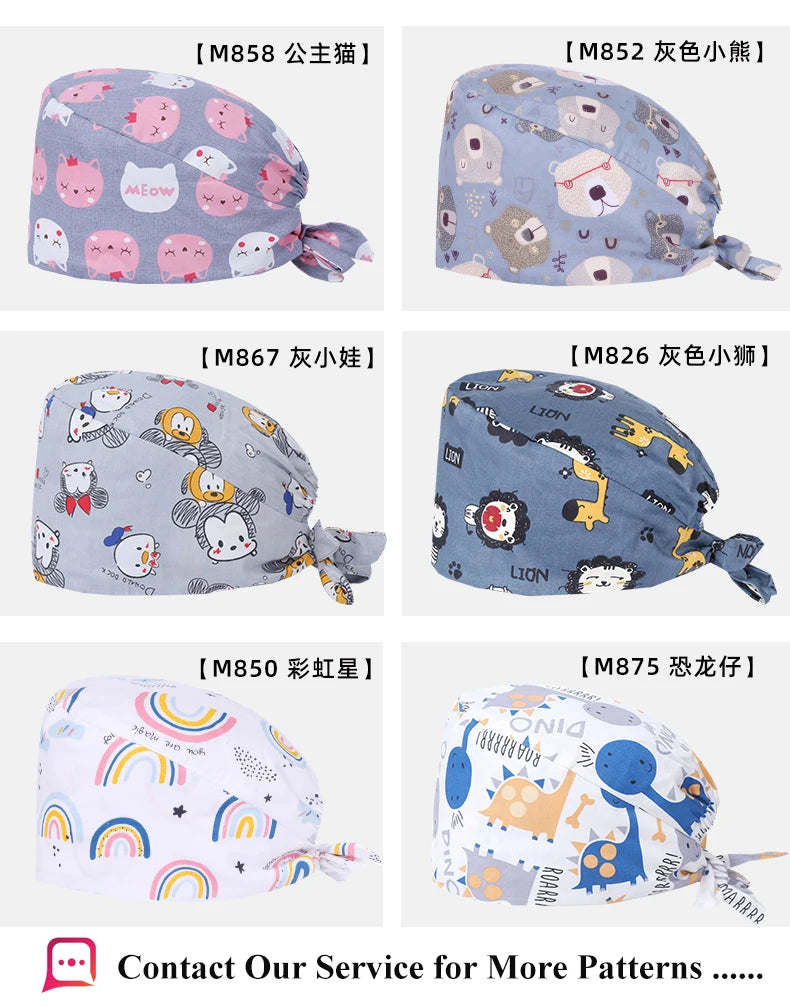 Bear Unisex Scrub Caps Print Nurse Surgical Hats Sweat-absorbent Cotton Pet Doctor Lab Print Scrub Hat Wholesale M878