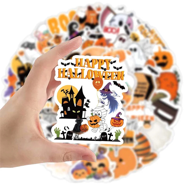 52PCS Self-adhesive Halloween Stickers Cute Waterproof Castle Ghost Pumpkin Halloween Stickers For Phone Laptop Luggage Guitar