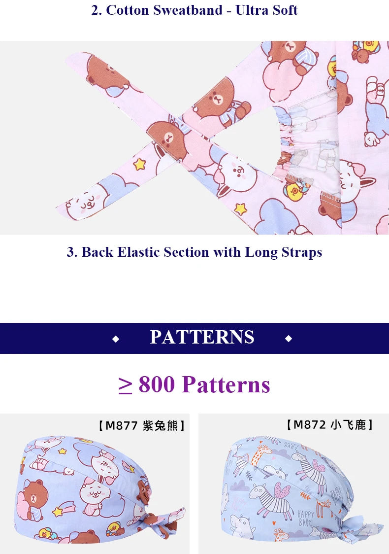 Bear Unisex Scrub Caps Print Nurse Surgical Hats Sweat-absorbent Cotton Pet Doctor Lab Print Scrub Hat Wholesale M878