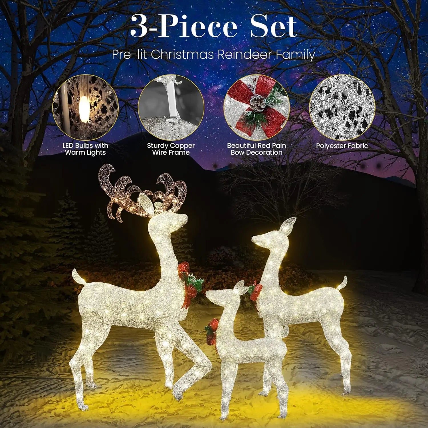 3-Piece Reindeer Christmas Decoration Family Set, Lighted Christmas Reindeer with Bows & 230 Warm White Led Lights