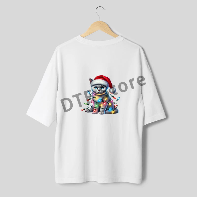 Christmas Camouflage Lamp Cat Iron on Stickers Animal Design DTF Heat Transfer Print Ready To Press For Clothing Patch