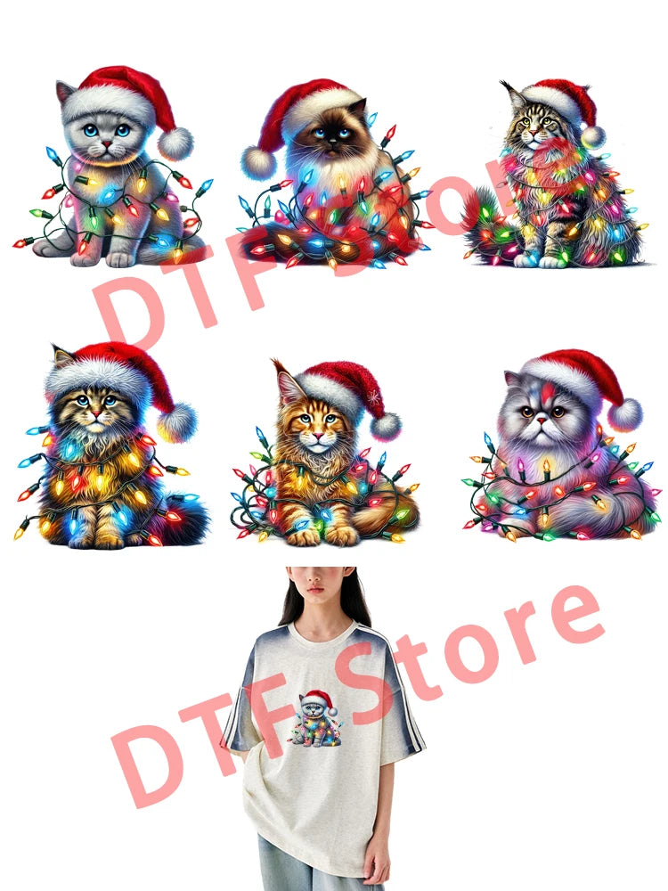 Christmas Camouflage Lamp Cat Iron on Stickers Animal Design DTF Heat Transfer Print Ready To Press For Clothing Patch