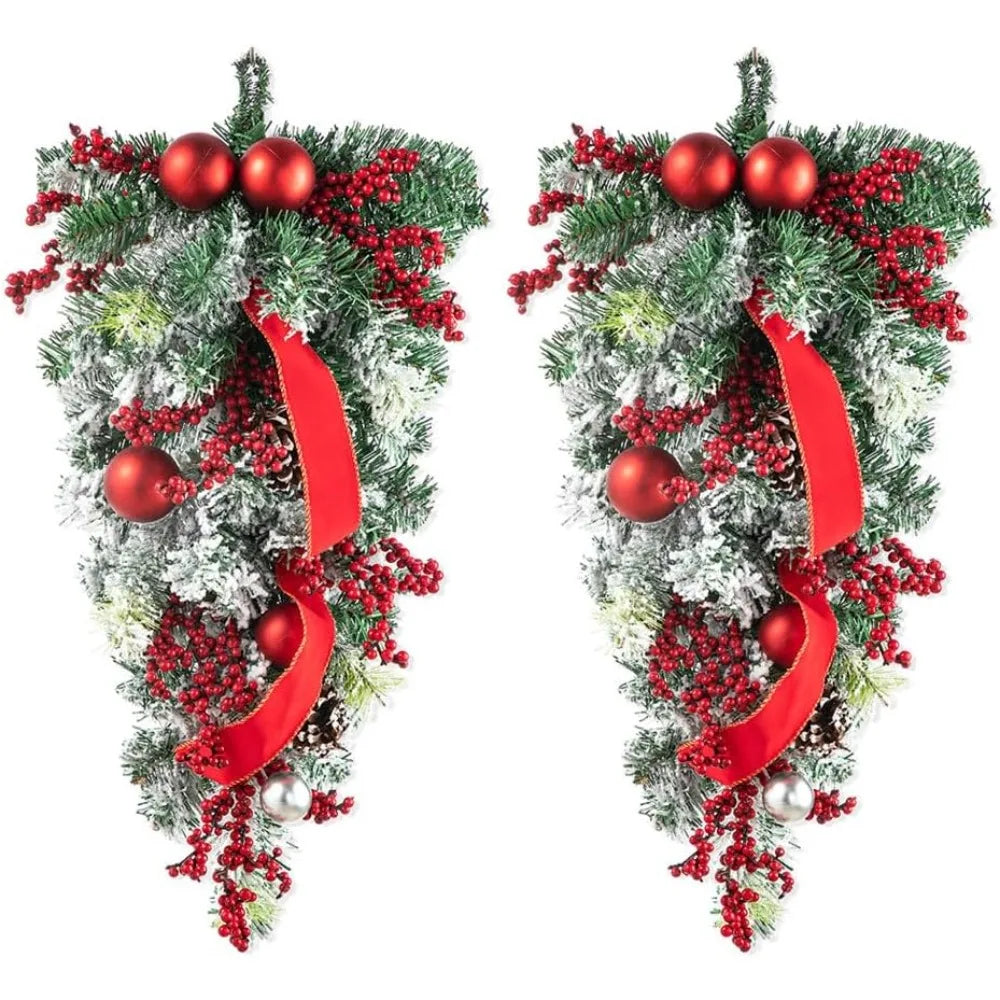 2Pcs Christmas Teardrop Swag, Artificial Swag Wreaths with Berries, Pinecone and Red Ball Ornament, 25" H Ribbon Swag