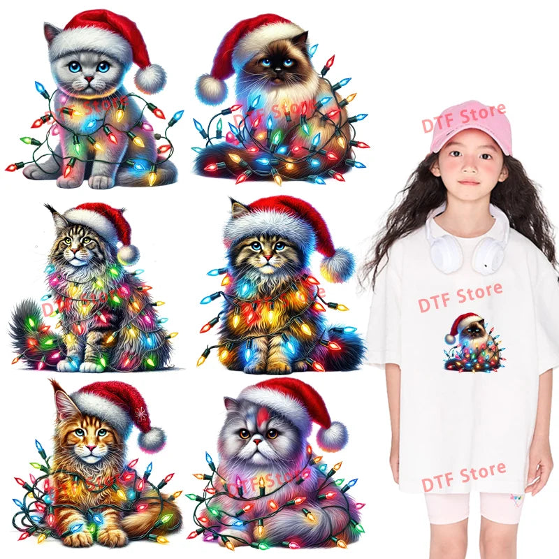 Christmas Camouflage Lamp Cat Iron on Stickers Animal Design DTF Heat Transfer Print Ready To Press For Clothing Patch