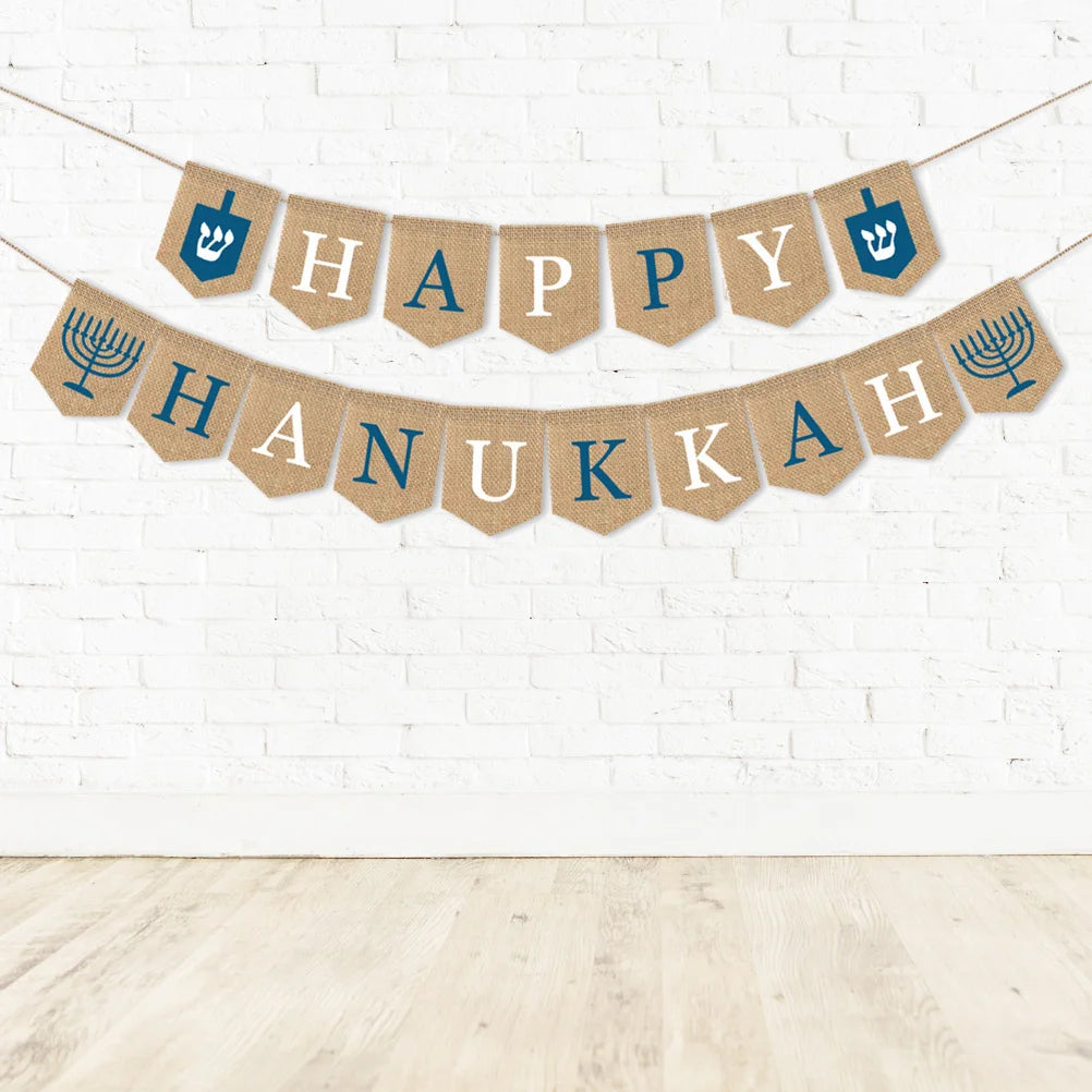 Ornament Burlap Banner HAPPY HANUKKAH Bunting Party Supplies Outdoor Decorate Hanging