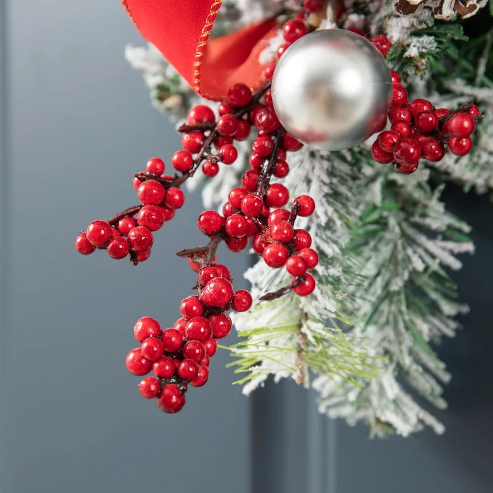 2Pcs Christmas Teardrop Swag, Artificial Swag Wreaths with Berries, Pinecone and Red Ball Ornament, 25" H Ribbon Swag