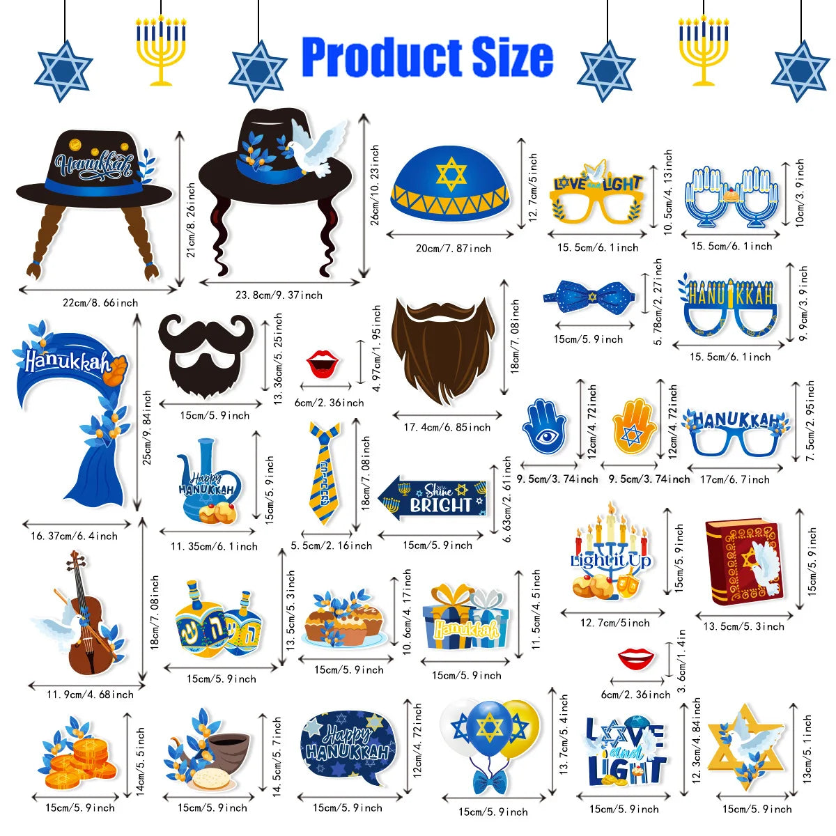 30pcs Hanukkah Photo Booth Props with Star of David Menorah Pattern Chanukah Decorations for Jewish Festival Home Decor Supplies
