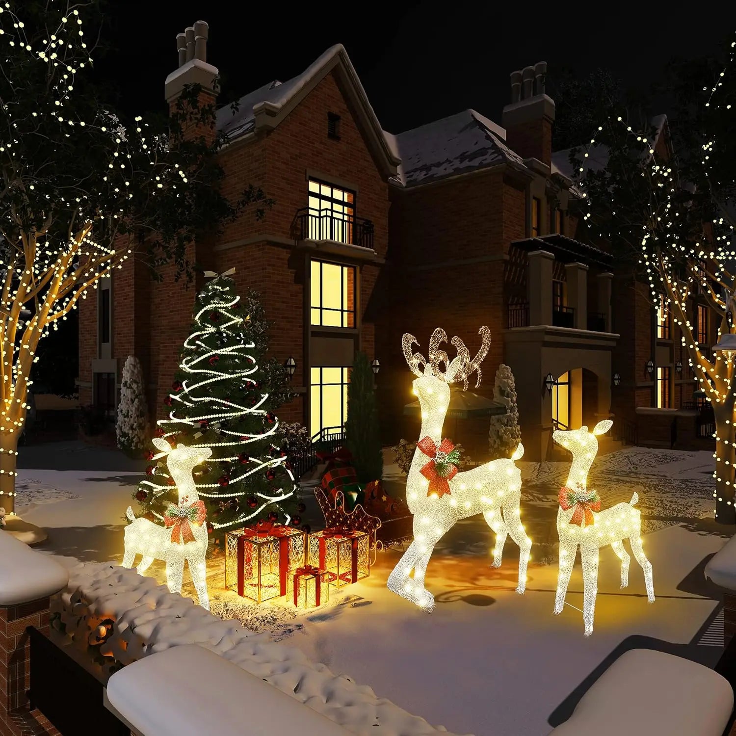 3-Piece Reindeer Christmas Decoration Family Set, Lighted Christmas Reindeer with Bows & 230 Warm White Led Lights