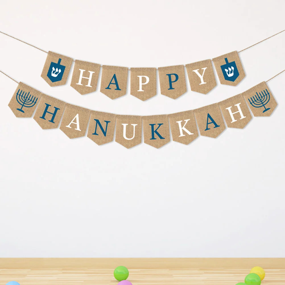 Ornament Burlap Banner HAPPY HANUKKAH Bunting Party Supplies Outdoor Decorate Hanging