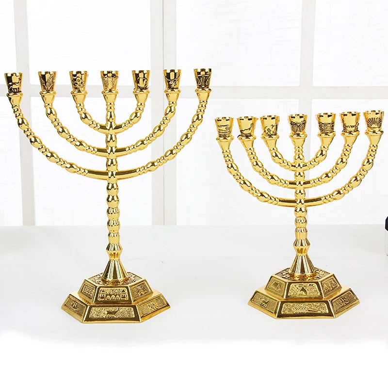 Golden Jewish Menorah Candle-Holders Religions Candelabra Hanukkah Candlesticks 7 Branch Menorah -L