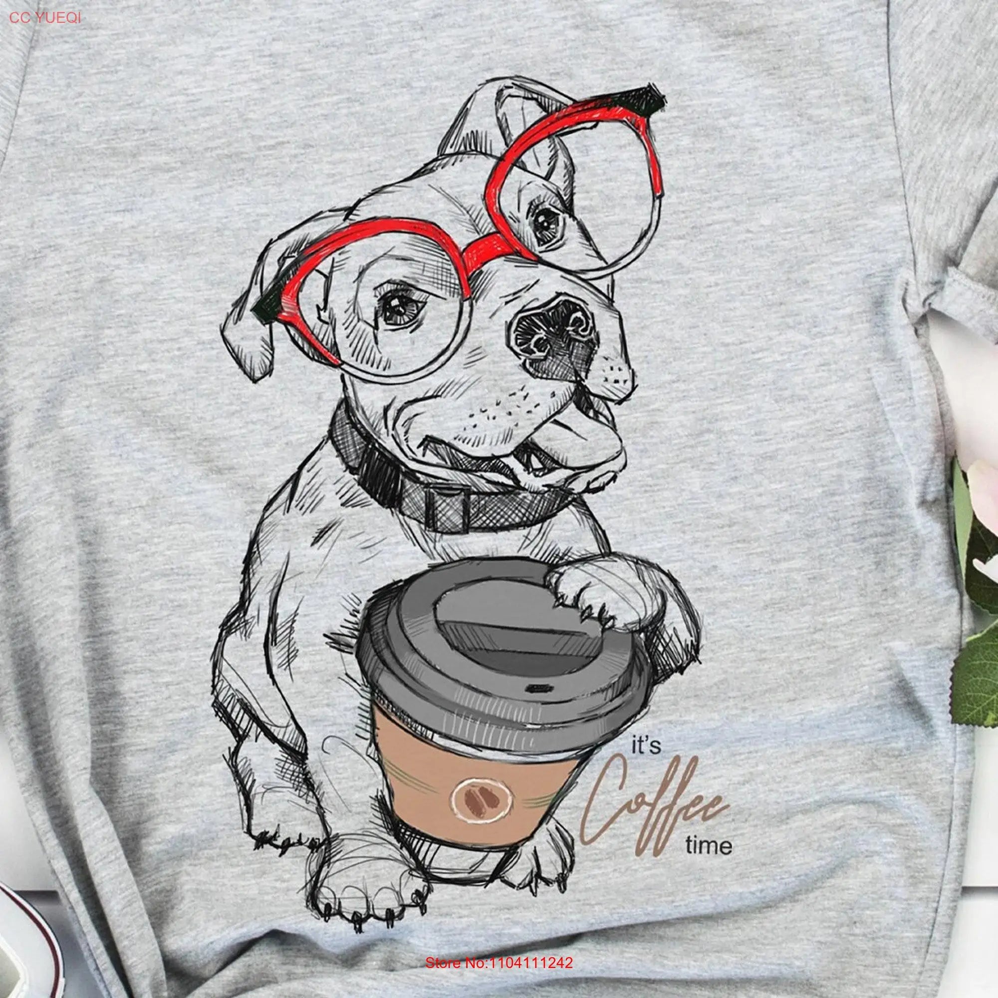 Pitbull Coffee T Shirt Cute Cafe Dog Funny Puppy Food Glasses Animal Pet Lover long or short sleeves