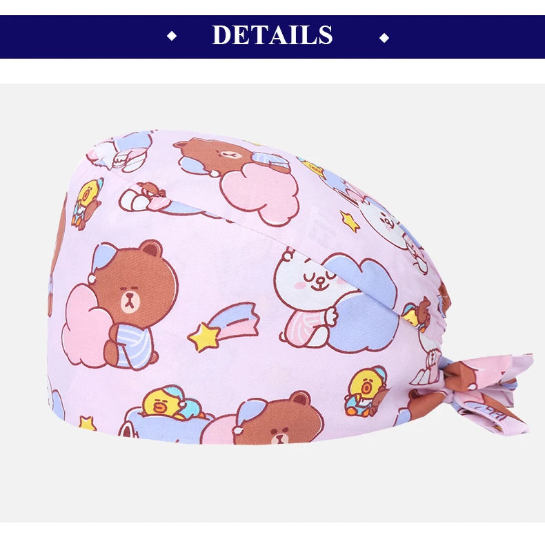 Bear Unisex Scrub Caps Print Nurse Surgical Hats Sweat-absorbent Cotton Pet Doctor Lab Print Scrub Hat Wholesale M878