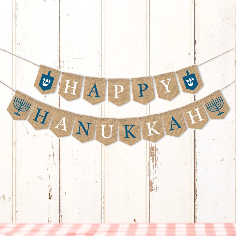Ornament Burlap Banner HAPPY HANUKKAH Bunting Party Supplies Outdoor Decorate Hanging
