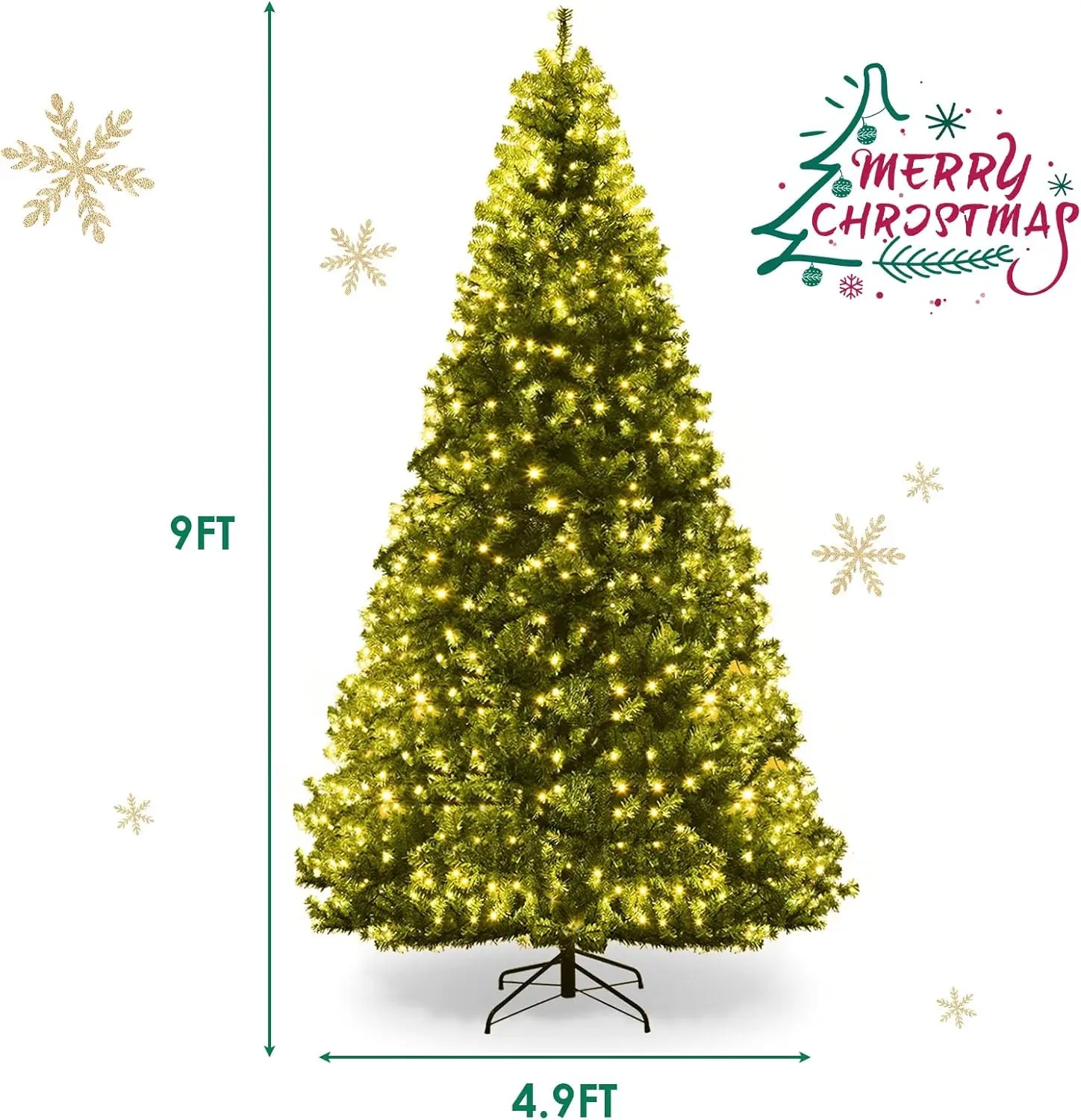 Prelit Christmas Tree, Xmas Tree with 2944 PVC Branch, 1000 Pre-Strung Dual-Colored LED Lights 11 Lighting Modes & Foldable Base