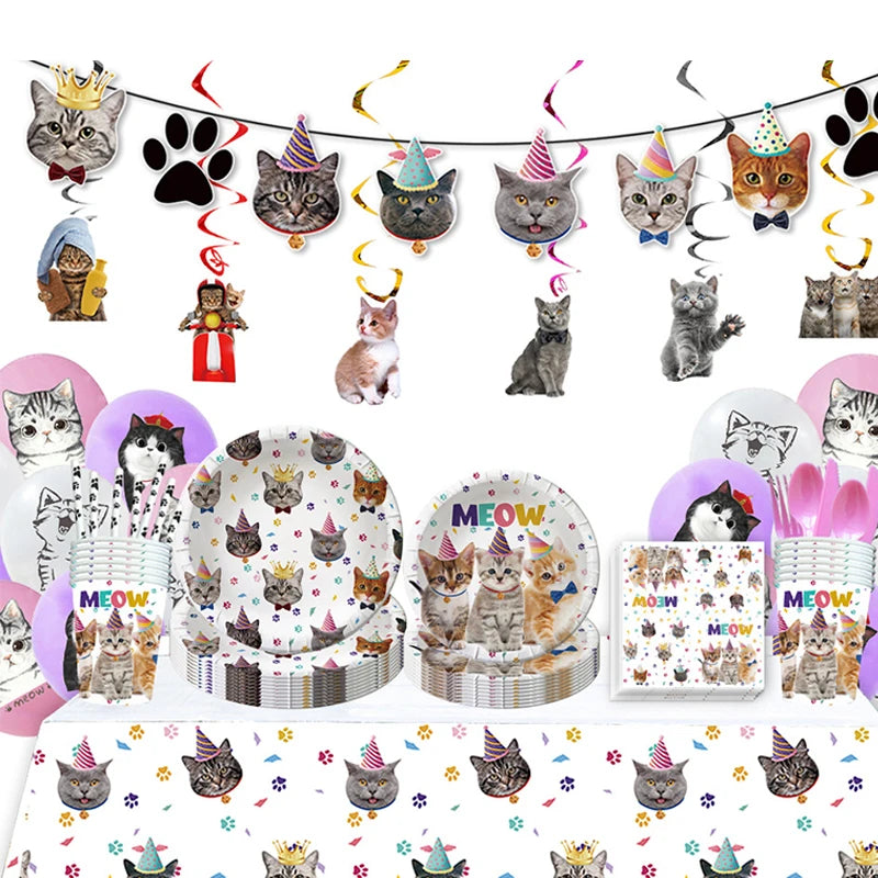 Pet Cat Theme Birthday Party Holiday Celebration Decoration Cake Decor Disposable Tableware Supplies Set