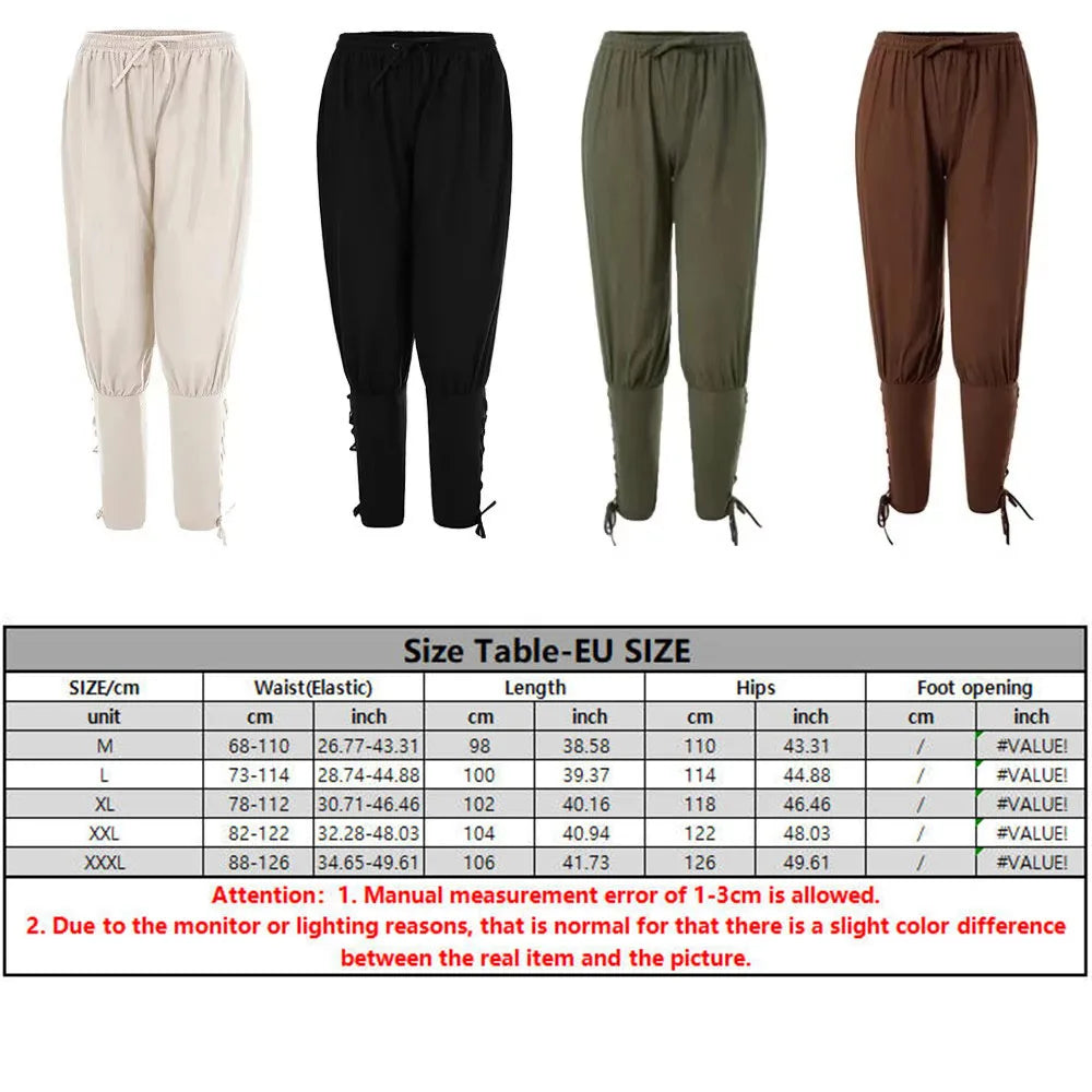 2Pcs Men's Medieval Knight Costume Set Renaissance Cosplay Pirate Shirts Ankle Banded Pants For Halloween Cotton Linen Fabric