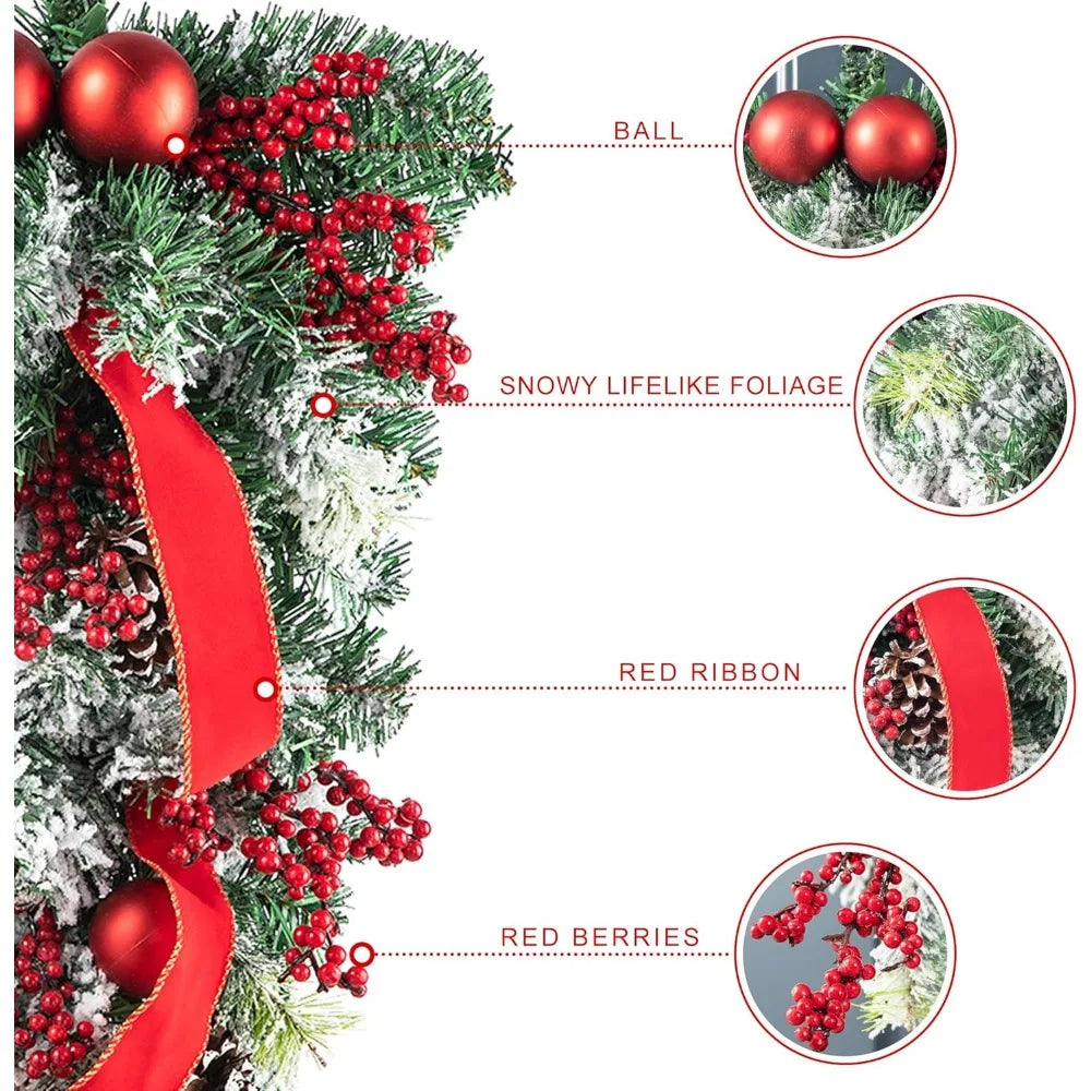 2Pcs Christmas Teardrop Swag, Artificial Swag Wreaths with Berries, Pinecone and Red Ball Ornament, 25" H Ribbon Swag